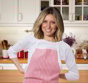 a woman in a red & white stiped apron standing in a kitchen