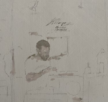 Minimalist oil painting of a luthier on textured white canvas.