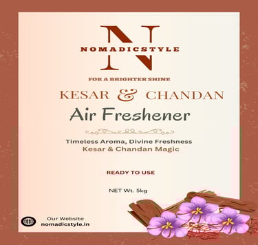 Nomadic Style Kesar and Chandan Air Freshener bottle label with saffron flowers and sandalwood stick