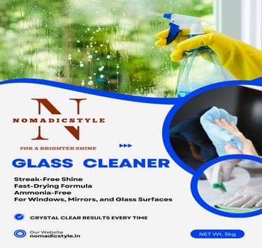 Glass Cleaner bottle label, with a person spraying and cleaning a window and another person wiping a