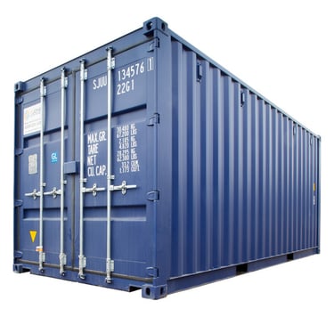 A 20ft blue steel shipping container for logistics and storage, isolated on a white background.