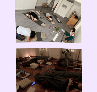 A group of yoga students during a workshop in Lisbon, Portugal