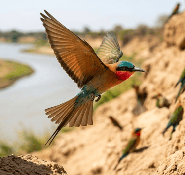 Karmijnrode Bijeneter (Merops nubicus) in vlucht bij een broedkolonie in Gambia.