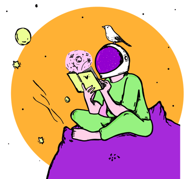 Ilustración surrealista de una astronauta leyendo en un planeta violeta con un pájaro