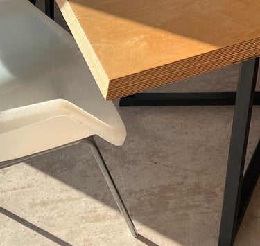 custom ply dining table and robin day chair