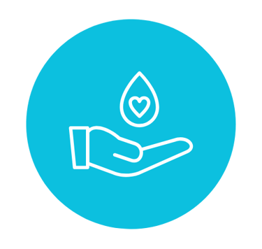 Ícono blanco de una mano con una gota y corazón que simboliza el compromiso social y la solidaridad