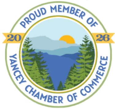 Yancey Chamber of Commerce 2026 Proud Member badge with Blue Ridge Mountain sunrise illustration