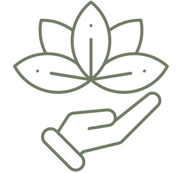 An outline of a hand gently holding a blooming lotus flower, symbolizing peace, growth, and natural wellness.