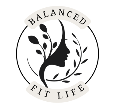 Balanced Fit Life logo featuring a woman's profile silhouette with leaves on a black background.
