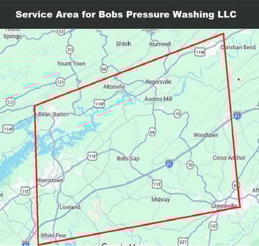 Service area map for Bobs Pressure Washing in Bulls Gap, Rogersville, Bean Station, Morristown, Whitesburg, White Pine, TN