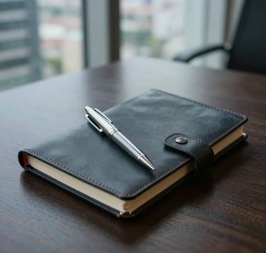 Professional close-up photography of a premium leather-bound notebook and a designer silver pen on a dark wood desk. The lighting is soft and natural, coming from a large window in a South American / Brazilian high-rise office. Colors include dark charcoal grey and muted slate blue tones.