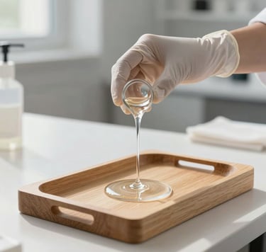 An artist's hands in a clean, modern International / Global studio, wearing gloves and carefully pouring clear liquid resin into a minimalist wooden tray. The lighting is natural and bright, highlighting the pristine environment.