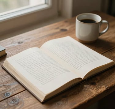 A high-angle close-up of a rustic wooden desk with a stack of handwritten manuscripts and a simple ceramic mug. Soft morning light from a window creates a sophisticated and introspective atmosphere. International / Western style. Colors include Cream and Tan.