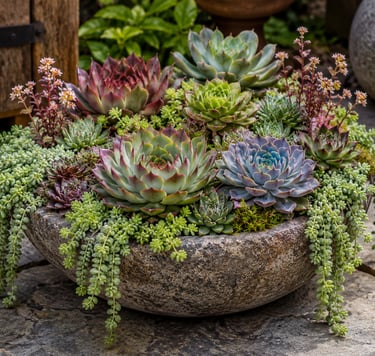 A stone bowl filled with colorful Echeveria succulents and trailing Burro's Tail in a garden.