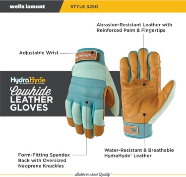 Wells Lamont HydraHyde water-resistant cowhide leather work gloves with reinforced palm and spandex back.