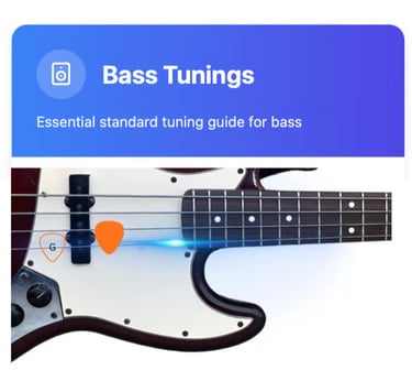 Essential standard bass guitar tuning guide featuring a 4-string electric bass with orange picks.