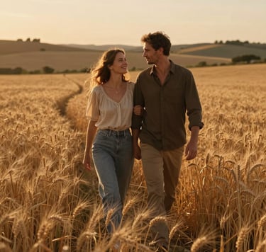 A cinematic lifestyle photograph of a couple walking through a golden wheat field in the Iberian countryside at sunset. The lighting is warm and sun-kissed, with a natural and authentic feel. The composition is intimate, focusing on their shared connection, with soft earth brown and terracotta tones in the landscape.