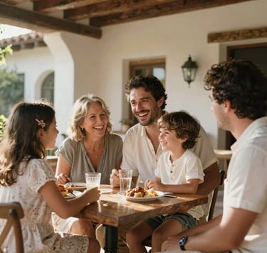 A candid lifestyle shot of a family sharing a joyful moment on a rustic patio with Spanish architectural details. Natural, warm sunlight filters through, creating soft shadows. The atmosphere is elegant and heartfelt, capturing genuine laughter and authentic emotions in a storytelling style.