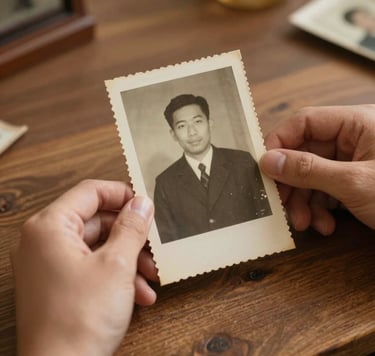 An authentic, candid shot of two hands holding an old photograph over a wooden table. The lighting is warm and nostalgic, capturing the emotional depth of a preserved memory. The image uses earthy tones like tan (#C4B29A) and rich brown (#6F604F) to evoke a sense of presence and history.