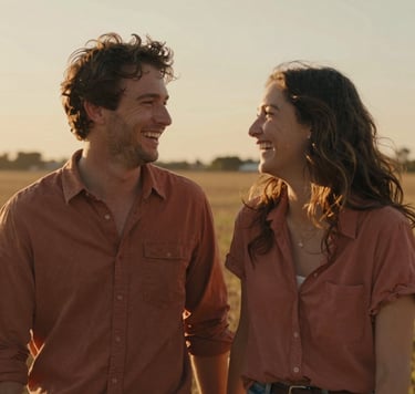 A cinematic, sun-drenched photography shot of a North American / US couple sharing a candid laugh in a golden hour field. The lighting is warm and authentic, highlighting soft sand and muted terracotta tones in their clothing and the environment. Shallow depth of field creates a professional, emotional atmosphere.
