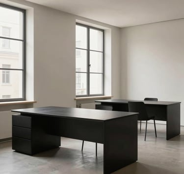A sophisticated interior view of an architectural studio space. Minimalist workstations with charcoal black desks are set against smooth soft off-white walls. Large windows provide clean natural light, highlighting the editorial and contemporary design aesthetic.