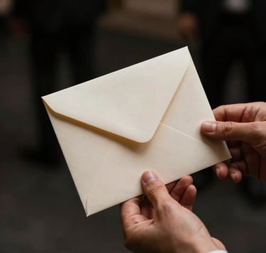 A close-up of a pair of hands holding an elegant off-white envelope at a Spanish evening event. The lighting is low and moody, with deep shadows and subtle highlights on the fine paper texture. The atmosphere is sophisticated and emotional, with a dark charcoal background.