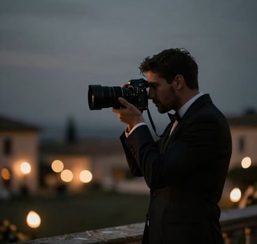 A cinematic silhouette of a photographer capturing a moment at a luxury Southern European wedding. The background features warm out-of-focus lights in muted gold and slate gray tones against a dark charcoal night sky. Elegant and professional aesthetic.
