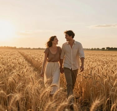 A cinematic, wide-angle shot of a couple walking through a golden wheat field at sunset. The lighting is warm and sun-drenched, with soft lens flares. The couple is laughing authentically, dressed in neutral tones. Soft Sand #F8F0E3 and Terracotta #C0766B hues dominate the light.