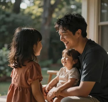 A candid, medium shot of a young family playing on a sun-dappled porch. Intimate storytelling style, focusing on a genuine moment of laughter between a parent and child. Natural, warm lighting filters through nearby trees. Palette includes deep Charcoal #333333 shadows and warm Terracotta #C0766B accents.