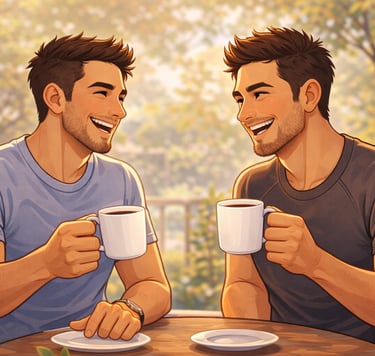 tvÄ skrattande animerade mÀn som tar en kaffe ihop