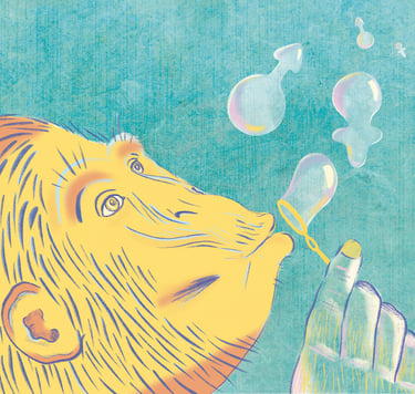 illustration d'un singe soufflant des bulles de savon en forme de symbôles mâle et femelle