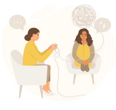 woman holding a thread and another woman being sad on the chair