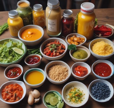 a table with bowls of food and condiments