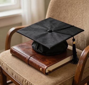 A close-up photograph of a graduation cap and a leather-bound journal resting on a tan-colored vintage chair in a sunlit room in North American / US. The composition is clean and sophisticated, featuring soft warm brown tones.