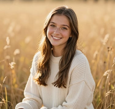 A warm, natural light portrait of a high school senior girl with a bright smile, wearing a cream knit sweater, sitting in a field of golden grass in North American / US. The photography is timeless and elegant with soft bokeh.