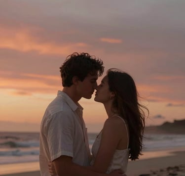 A candid, cinematic photo of a couple sharing a secret in a North American / US coastal setting at sunset. The sky is filled with warm terracotta and soft sand hues, capturing an authentic moment of connection.