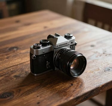 A cinematic high-angle shot of a vintage film camera on a muted brown wooden table in a sun-drenched North American / US room. The lighting is warm with soft sand highlights and deep charcoal shadows.