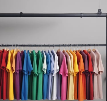 A vibrant collection of youth t-shirts and gym garments displayed on a colorful backdrop.