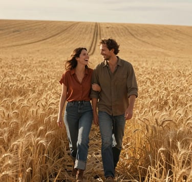 A cinematic, wide-angle photography shot of a couple laughing authentically while walking through a sun-drenched wheat field in the North American / US Midwest. The lighting is warm and golden hour, with soft sand and terracotta tones visible in their casual attire. The atmosphere is genuine and storytelling-focused.