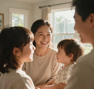 A close-up, lifestyle photography shot of a family sharing a candid moment of joy in a bright, North American / US home. Warm, natural sunlight streams through a window, highlighting soft sand-colored textures and authentic expressions. The composition is cinematic and intimate, focusing on the connection between people.
