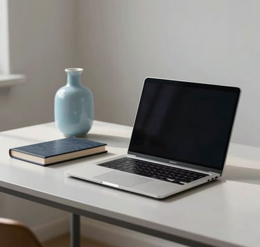 A minimalist workspace scene in an International / Western creative studio. A sleek aluminum laptop sits on a Pale Grey desk next to a Soft Sky Blue ceramic vase and a perfectly bound portfolio book. Soft morning light creates a clean, professional atmosphere.