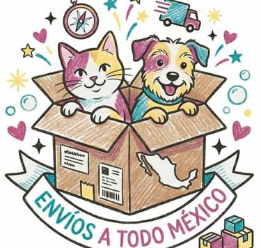 Lindo gato y perro en una caja de envío con el texto Envíos a todo México para envío de artículos
