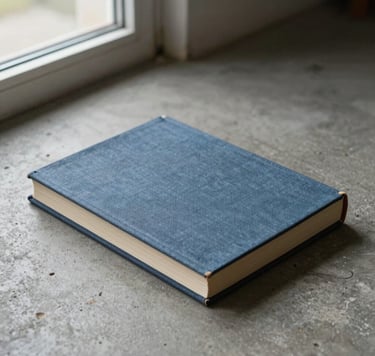 A still life photo of a linen-bound art book lying on a raw concrete floor, soft natural daylight from a side window, muted blue and soft gray palette, archival quality. Global / Contemporary Art.