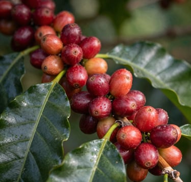 Close-up macro photography of ripe red coffee cherries clusters on a branch with vibrant Moss Green leaves. Soft, natural morning sunlight illuminates the scene in a South American / Latin plantation setting. Elegant and authentic atmosphere.
