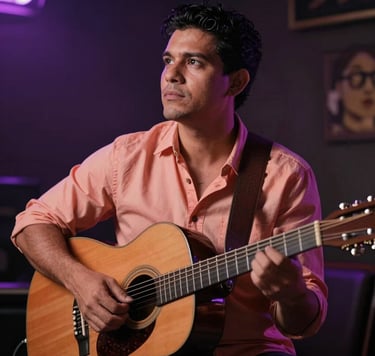 A soulful portrait of a South American / Venezuelan male singer with an acoustic guitar, looking thoughtfully away from the camera. The setting is an intimate, dimly lit music venue in Maracay. The lighting features warm salmon and muted purple tones against a dark background, creating a sophisticated and contemporary atmosphere.