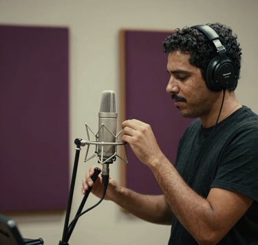 Candid photography of a musician in a recording studio in Venezuela, adjusting a microphone stand. The composition is artistic and authentic, focusing on the textures of the studio equipment. The color palette includes deep purple and cream, with a soft, cinematic glow that feels both personal and professional.