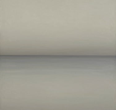 A contemplative abstract painting featuring soft horizontal bands of #6B705C and #C8C0B2, evoking a misty coastline. The style is modern and elegant, with diffused lighting and a sanctuary-like calm, inviting emotional connection.