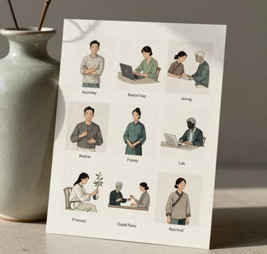 A minimalist editorial photograph of a motion design storyboard printed on heavy textured paper, leaning against a muted sage ceramic vessel, soft morning light, East Asian / South Asian influenced for a global luxury audience aesthetic.