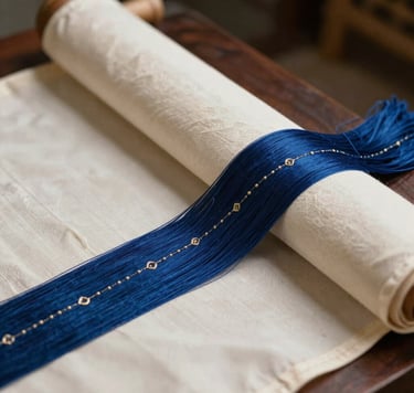 A close-up cinematic shot of intricate indigo silk threads weaving through ivory fabric, showcasing traditional Pakistani embroidery techniques with a modern minimalist twist, soft side lighting in a luxury studio setting in an East Asian / South Asian influenced for a global luxury audience environment.
