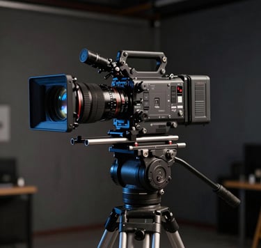 A high-end professional cinema camera mounted on a tripod in a dimly lit North American film studio. The lighting is dramatic and cinematic, with soft blue highlights reflecting off the lens. The atmosphere is professional and sophisticated, emphasizing film production expertise.